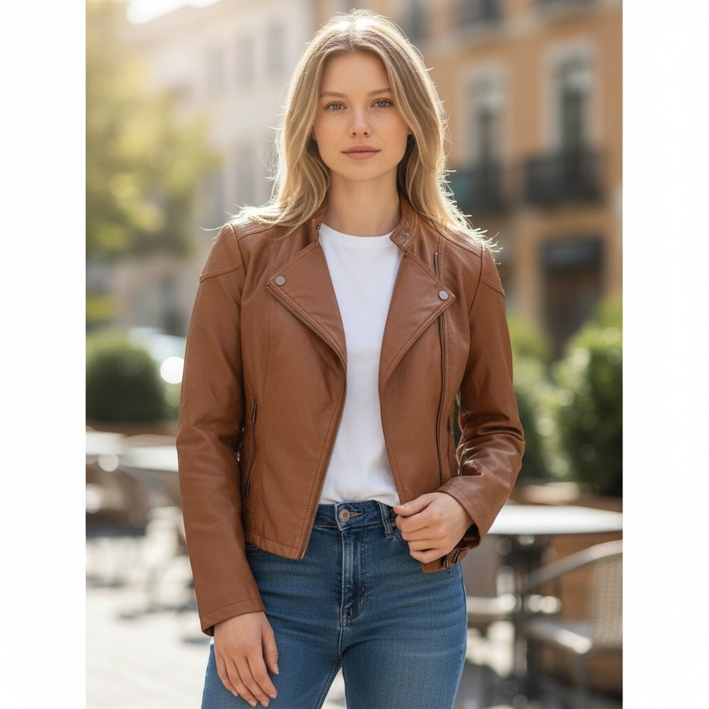 Bongo Faux Leather Brown Moto Jacket Womens Small Cognac Cafe Racer Quilted Zip